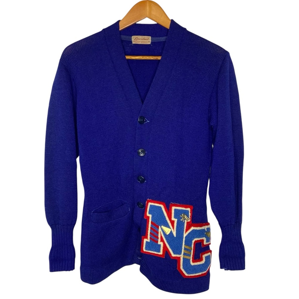 LINCOLNIT Vintage Letterman Cardigan Sweater Blue North Carolina Small
